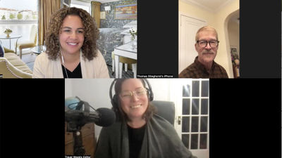 Clockwise from top left: Shirnett Fleet of Uniworld Boutique River Cruises, Tom Stieghorst of Travel Weekly and host Rebecca Tobin talk about the new popularity of women-only tours and cruises.