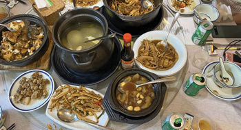 Several dishes were served before the An'xi Tieguanyin tea tour, including country-style earthy chicken soup, Buddha's hand tea-scented chicken, braised bamboo shoots and stir-fried wild mushrooms.